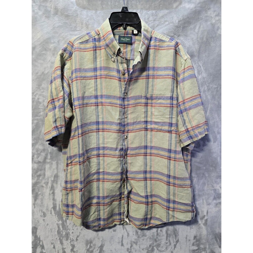 MacCluer Mens Large Green Striped Button Down Shirt Linen Cotton Blend